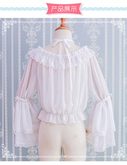 Eieyomi - Kawaii Lolita Blouse Long Sleeve Halter Neckline Chiffon Blouse