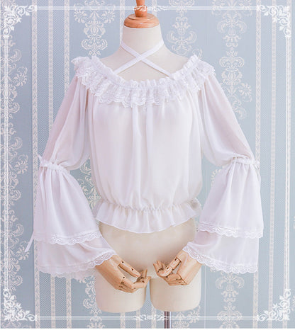 Eieyomi - Kawaii Lolita Blouse Long Sleeve Halter Neckline Chiffon Blouse