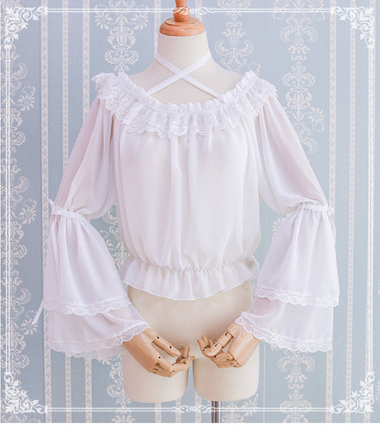 Eieyomi - Kawaii Lolita Blouse Long Sleeve Halter Neckline Chiffon Blouse