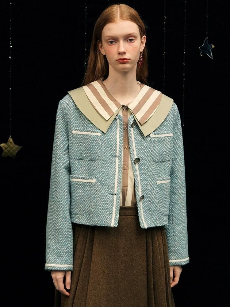 Herringbone pattern wool tweed jacket【s0000005949】