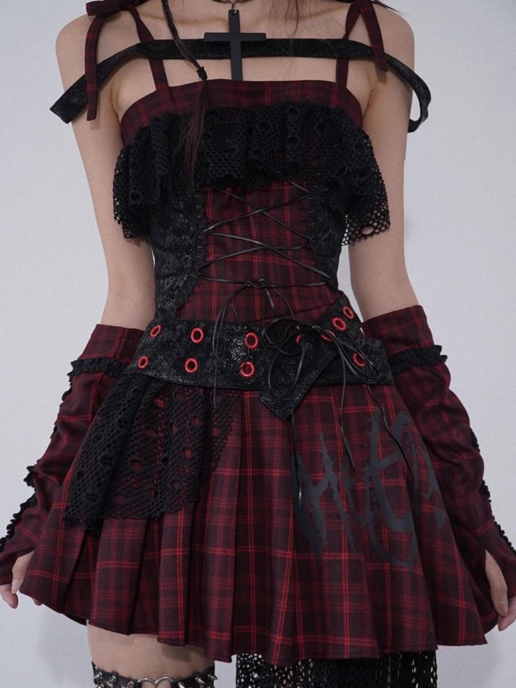 Niche Iconic Rock Halter Red and Black Plaid Dress【s0000004930】