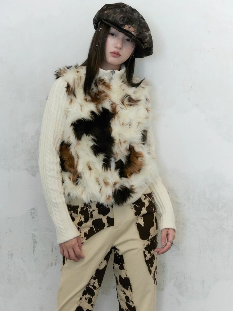 Cow Print Curly Patchwork Sweater 【s0000004958】