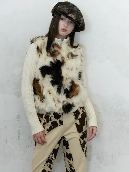 Cow Print Curly Patchwork Sweater 【s0000004958】