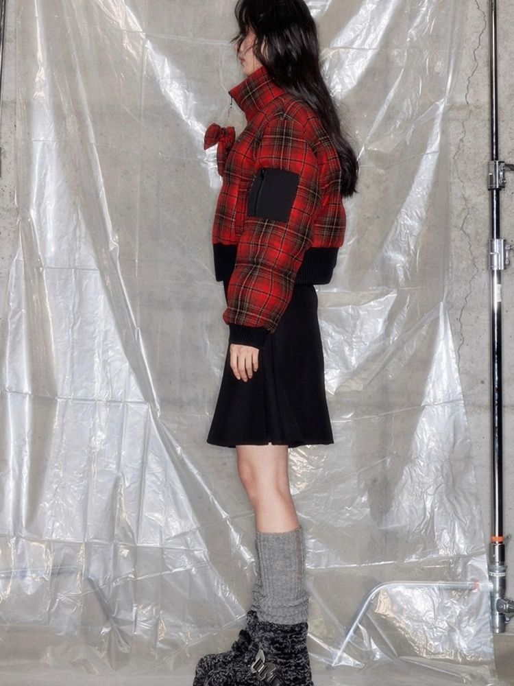 Red plaid two sides wear short cotton jacket 【s0000005633】