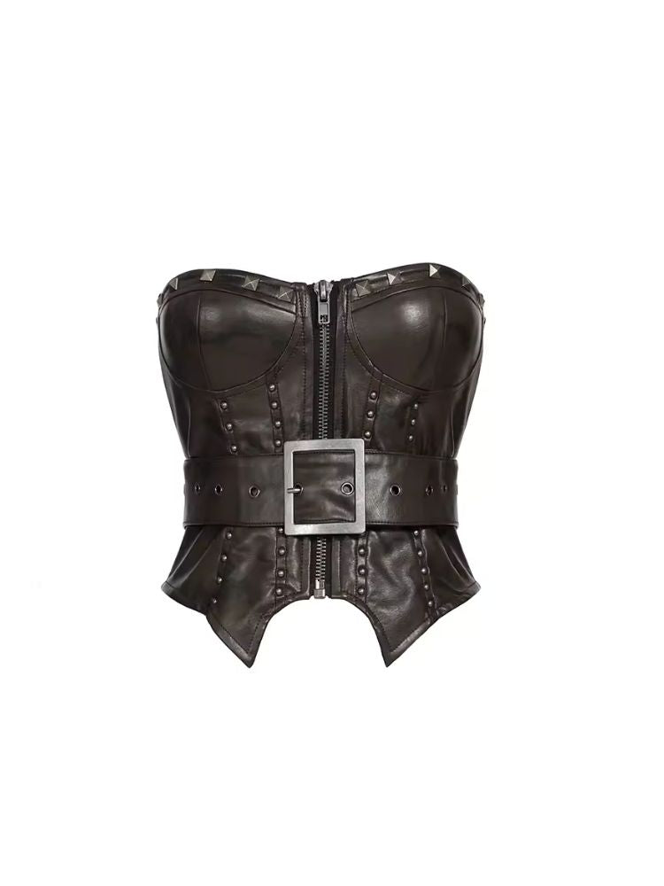 Zipper metal rivets leather bustier【s0000006696】