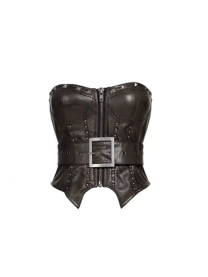 Zipper metal rivets leather bustier【s0000006696】