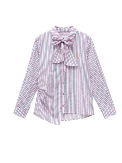 Stripe Pink Green Embroidered Shirt【s0000004971】
