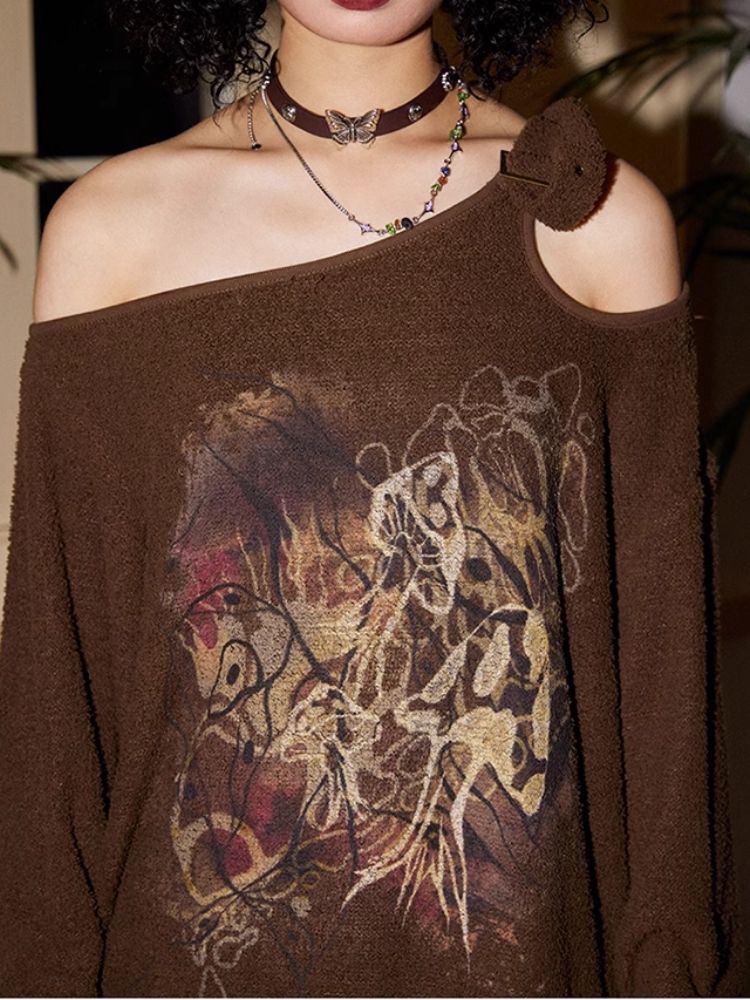 Retro Strapless Long Sleeve Printed Loose Sweatshirt【s0000007109】