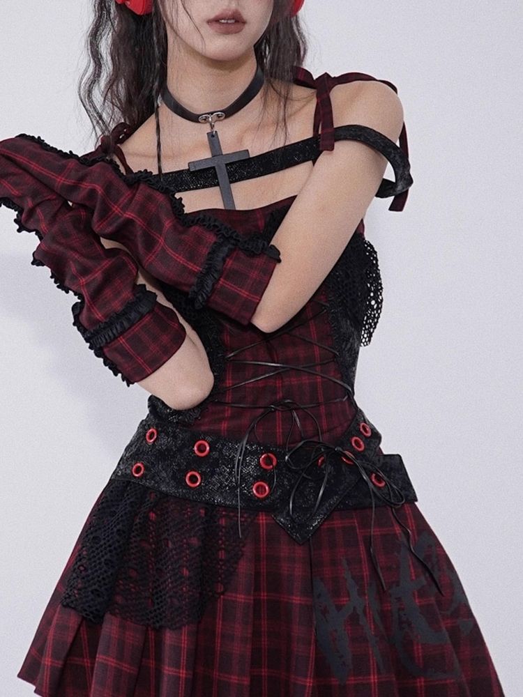 Niche Iconic Rock Halter Red and Black Plaid Dress【s0000004930】