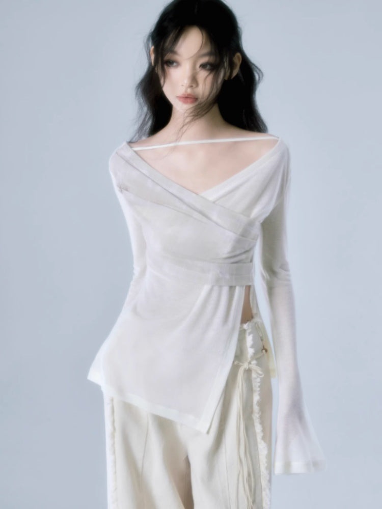 V-neck Strap Design Irregular Knitted Tops【s0000004381】