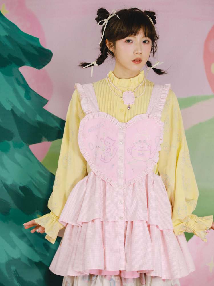 Cat Embroidery Drawstring Heart Layered Apron Dress【s0000007762】