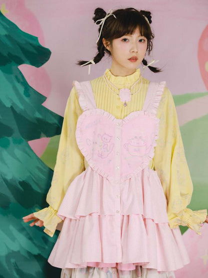 Cat Embroidery Drawstring Heart Layered Apron Dress【s0000007762】