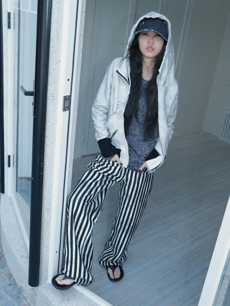 Striped Zipper Hooded Sweat Jacket & Pants Setup【s0000004162】