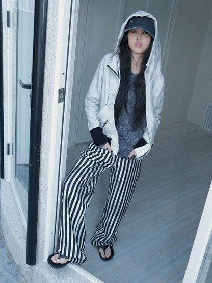 Striped Zipper Hooded Sweat Jacket & Pants Setup【s0000004162】