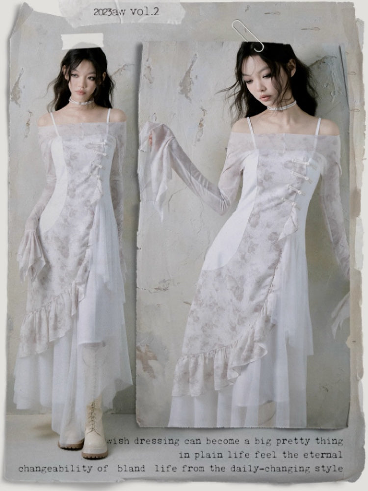 Patchwork Ruffle Suspender Long Dress & Waistcoat【s0000004379】