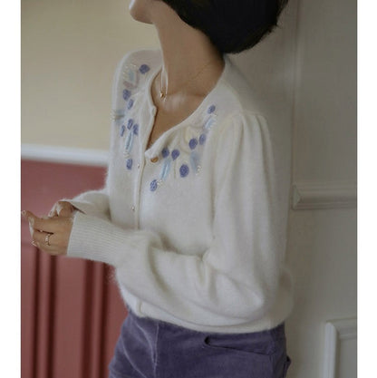 blue flower embroidery knit cardigan