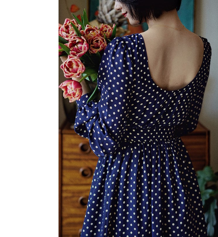 Lapis navy blue polka dot vintage dress