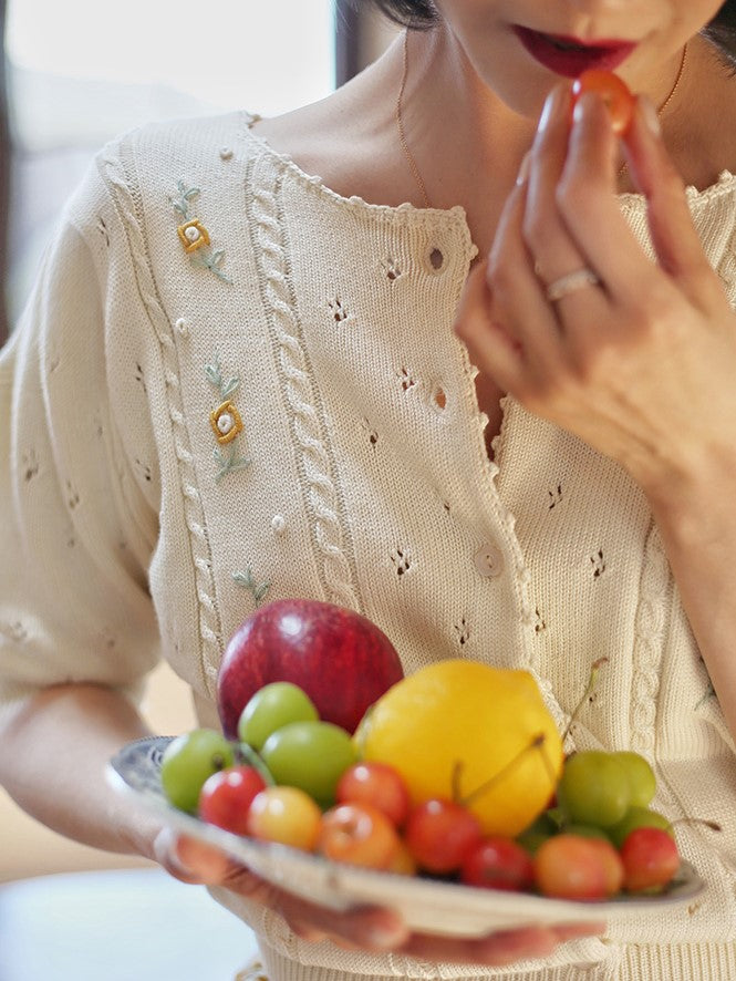 Ivory Flower Embroidered Knit Cardigan