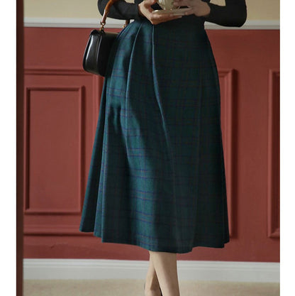 Indigo green plaid retro jacket and tight skirt and flared skirt