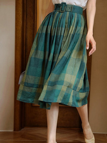 Dark green plaid retro umbrella skirt