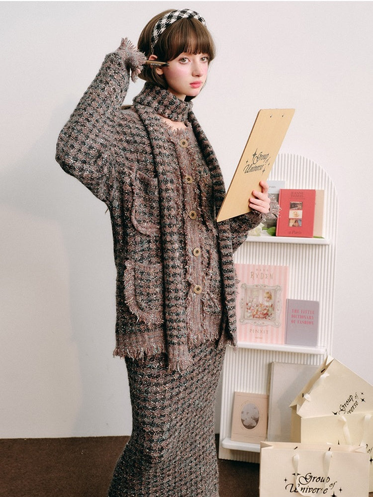 Knitted Fringe Cardigan Jacket With Stole ＆ Long Skirt【s0000003854】