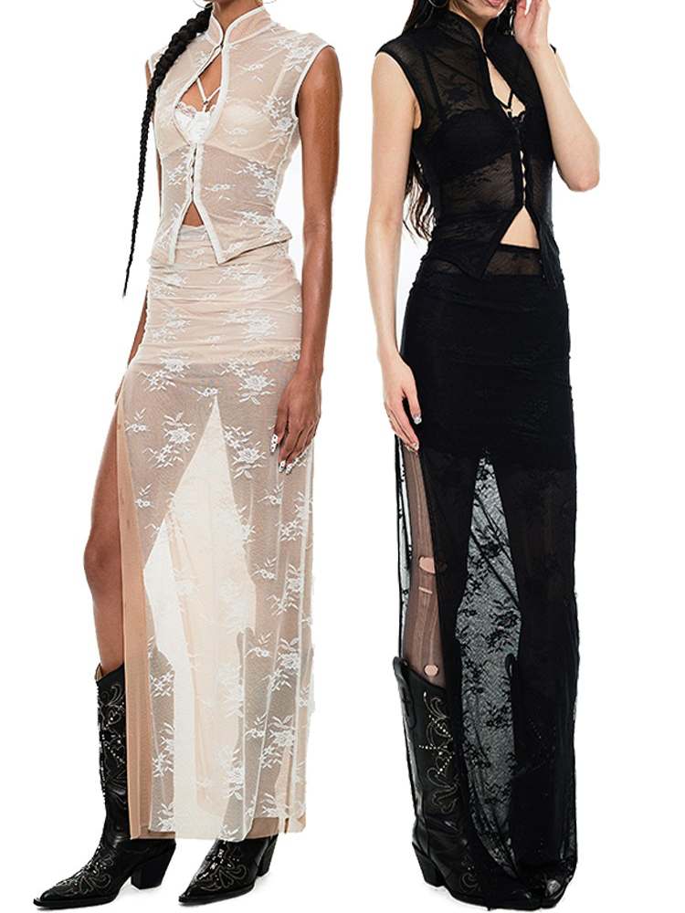 Mesh Lace Cheongsam Blouse & Skirt Set【s0000009176】