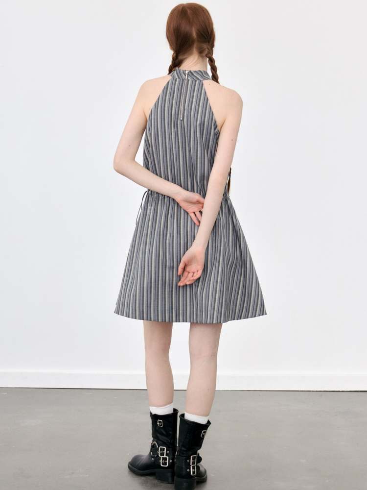 Halter Neck Tie Sleeveless Striped A-Line Dress【s0000008090】