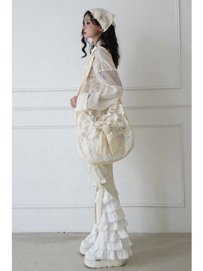 Bead & Butterfly Bowknot Canvas Ruffle Trim Crossbody Bag【s0000008158】