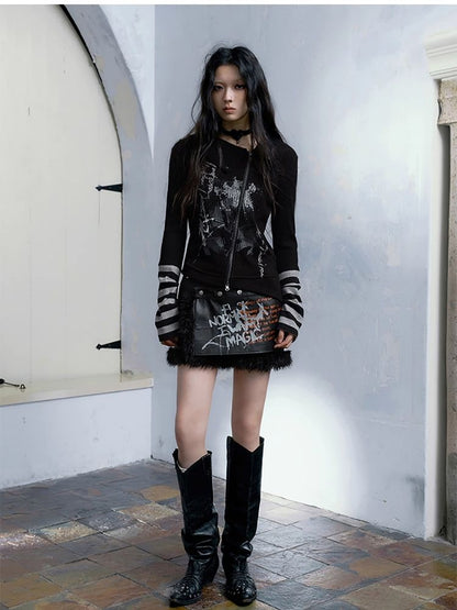 Black leather spelling wool package hip dress pants【s0000004515】