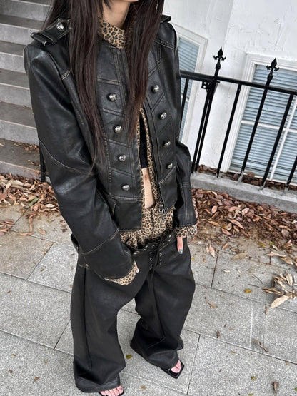 Leopard Pattern Splicing Leather Jacket & Wide Pants【s0000004172】