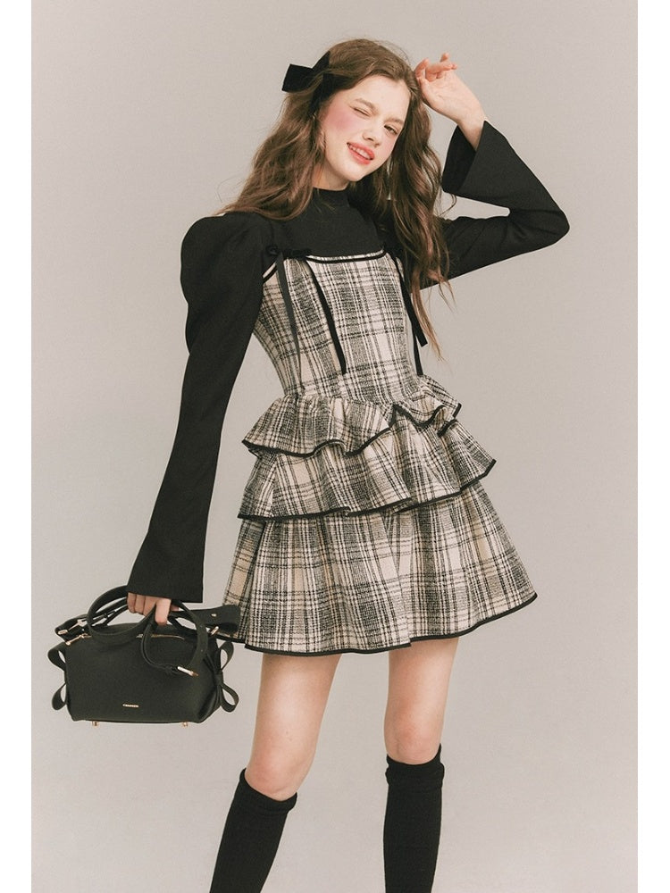 Plaid Cake Skirt Faux Two Piece Dress【s0000003859】