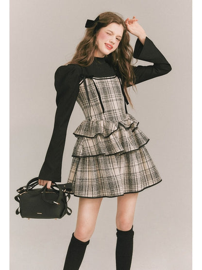 Plaid Cake Skirt Faux Two Piece Dress【s0000003859】