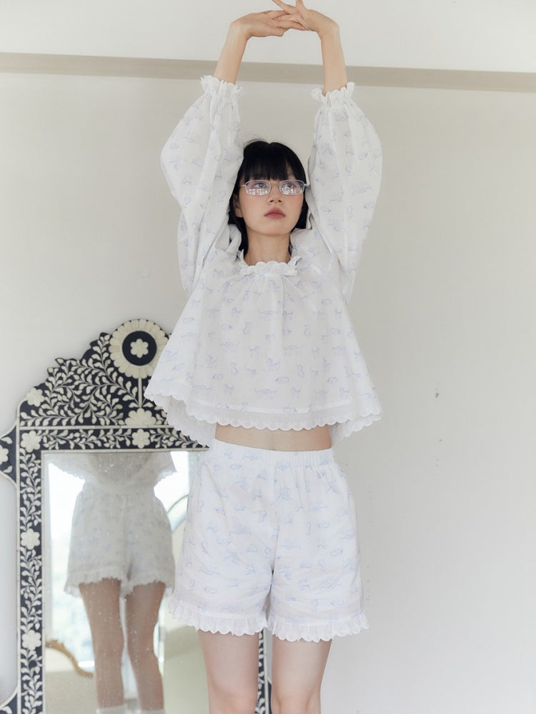 French Blue Kitten Print Relax Room Wear Set【s0000003571】