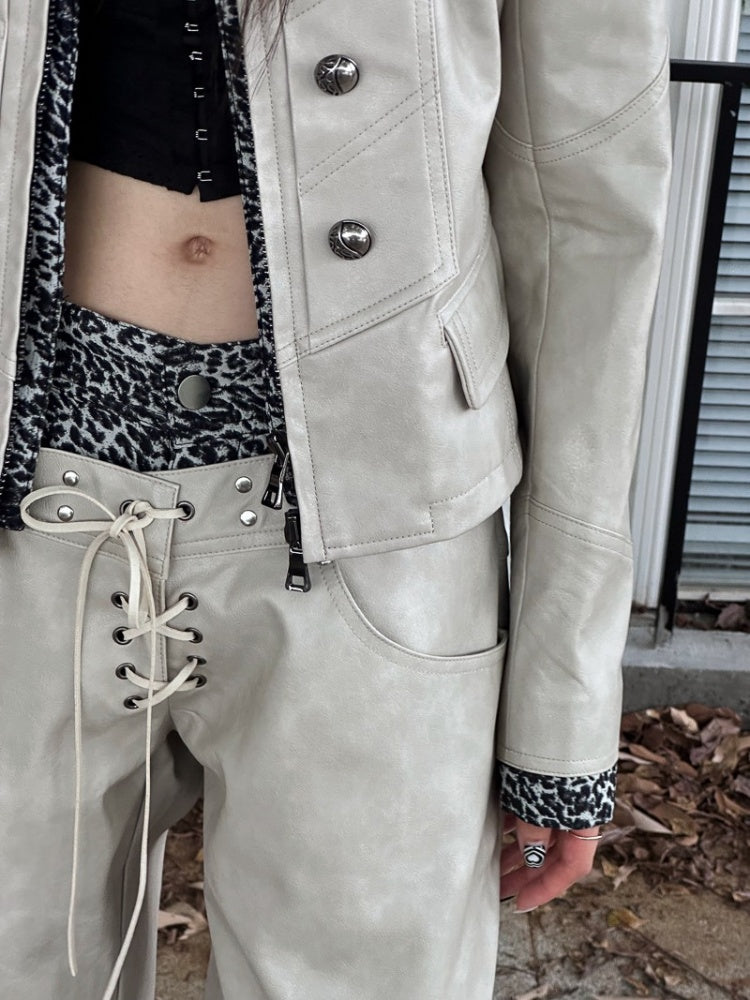 Leopard Pattern Splicing Leather Wide Pants【s0000004171】