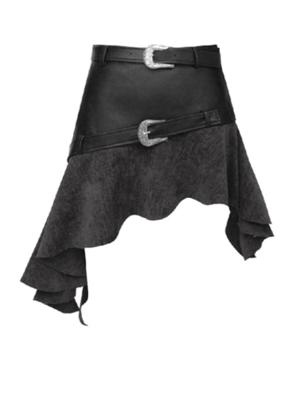 Belt Accent Irregular PU Leather Switching Mini Skirt【s0000004401】