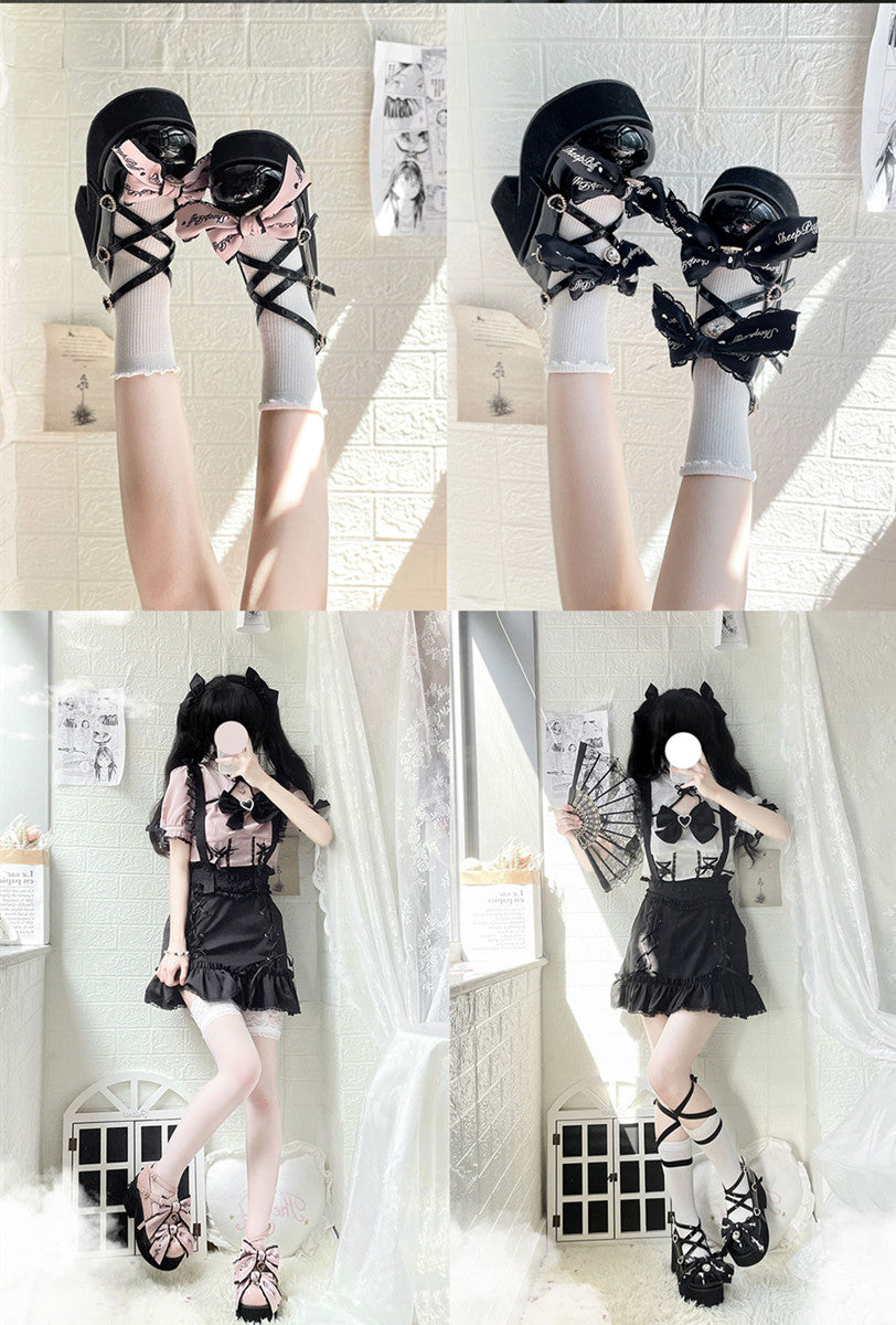Sheep Puff - Black Pink Japanese Lolita Thick Heel Shoes