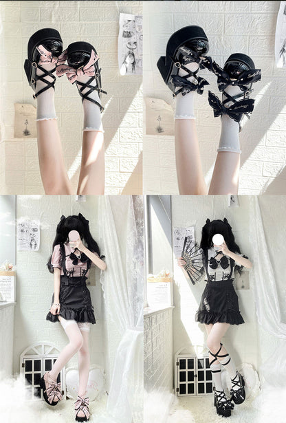 Sheep Puff - Black Pink Japanese Lolita Thick Heel Shoes