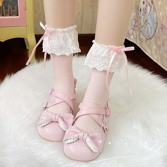 Hua Nai Cat - Sweet Cotton Lolita Socks Mid-Calf Socks with Lace and Bow