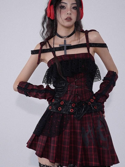 Niche Iconic Rock Halter Red and Black Plaid Dress【s0000004930】