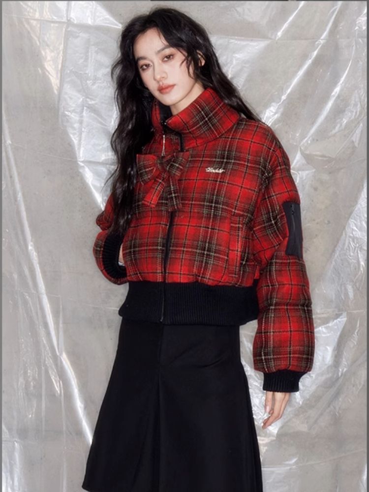 Red plaid two sides wear short cotton jacket 【s0000005633】