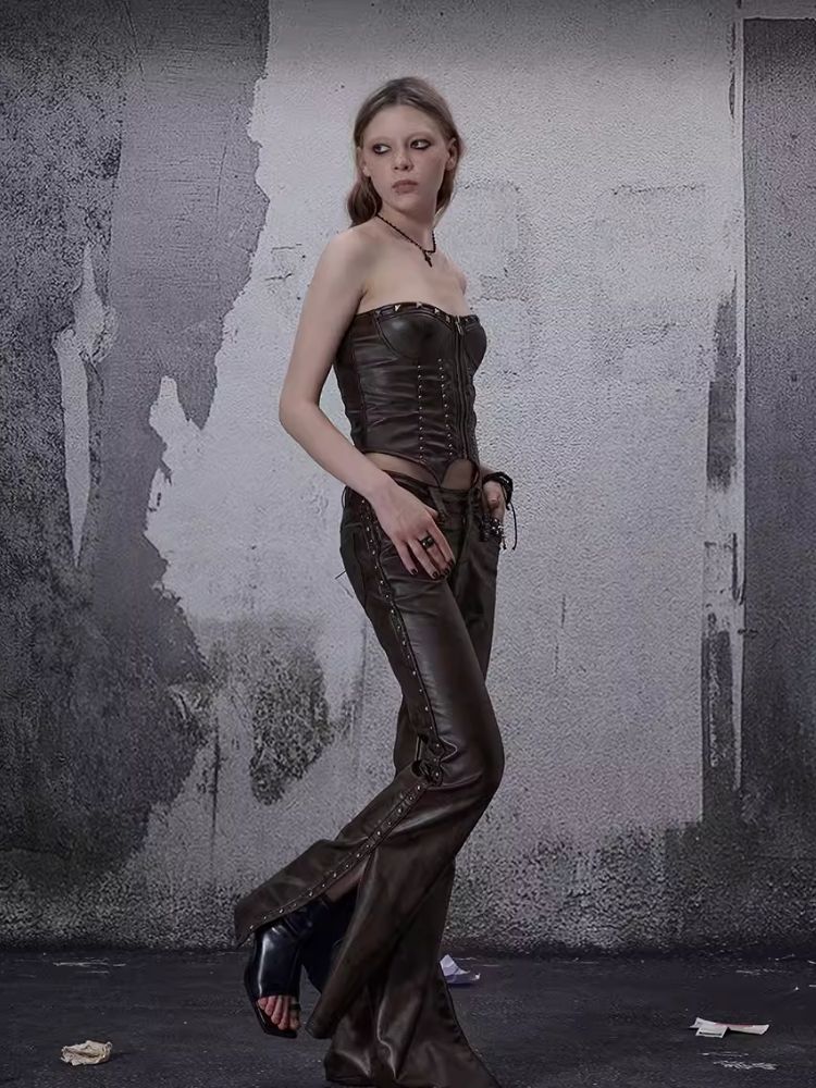 Zipper metal rivets leather bustier【s0000006696】