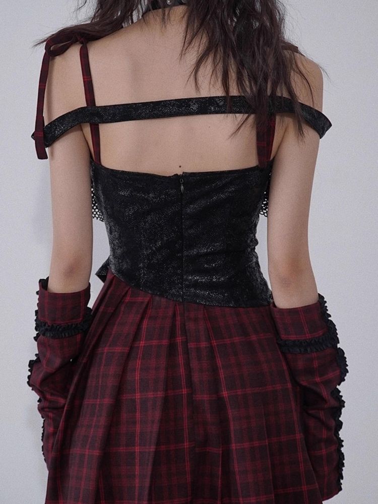 Niche Iconic Rock Halter Red and Black Plaid Dress【s0000004930】