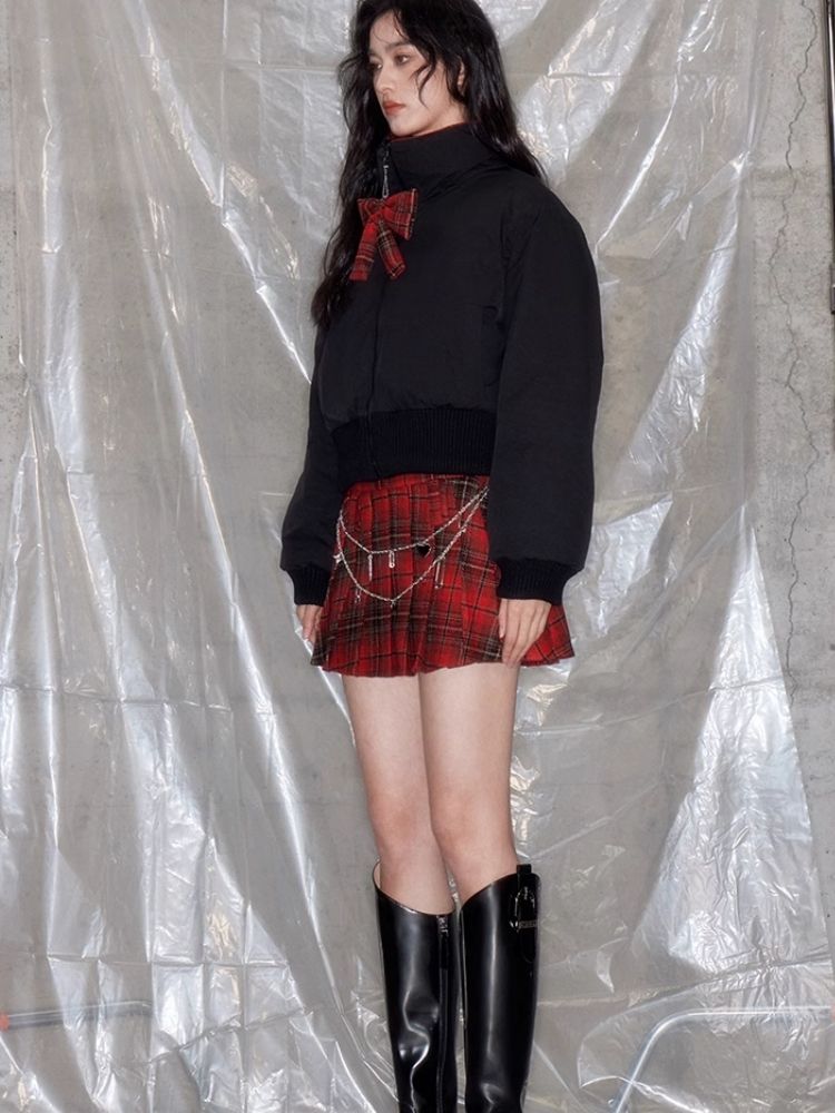 Red plaid two sides wear short cotton jacket 【s0000005633】