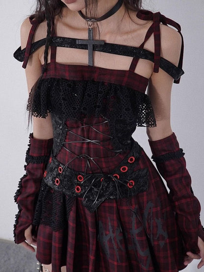 Niche Iconic Rock Halter Red and Black Plaid Dress【s0000004930】