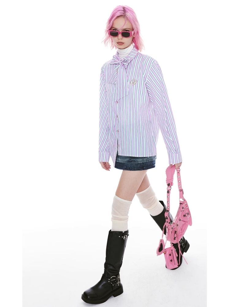 Stripe Pink Green Embroidered Shirt【s0000004971】