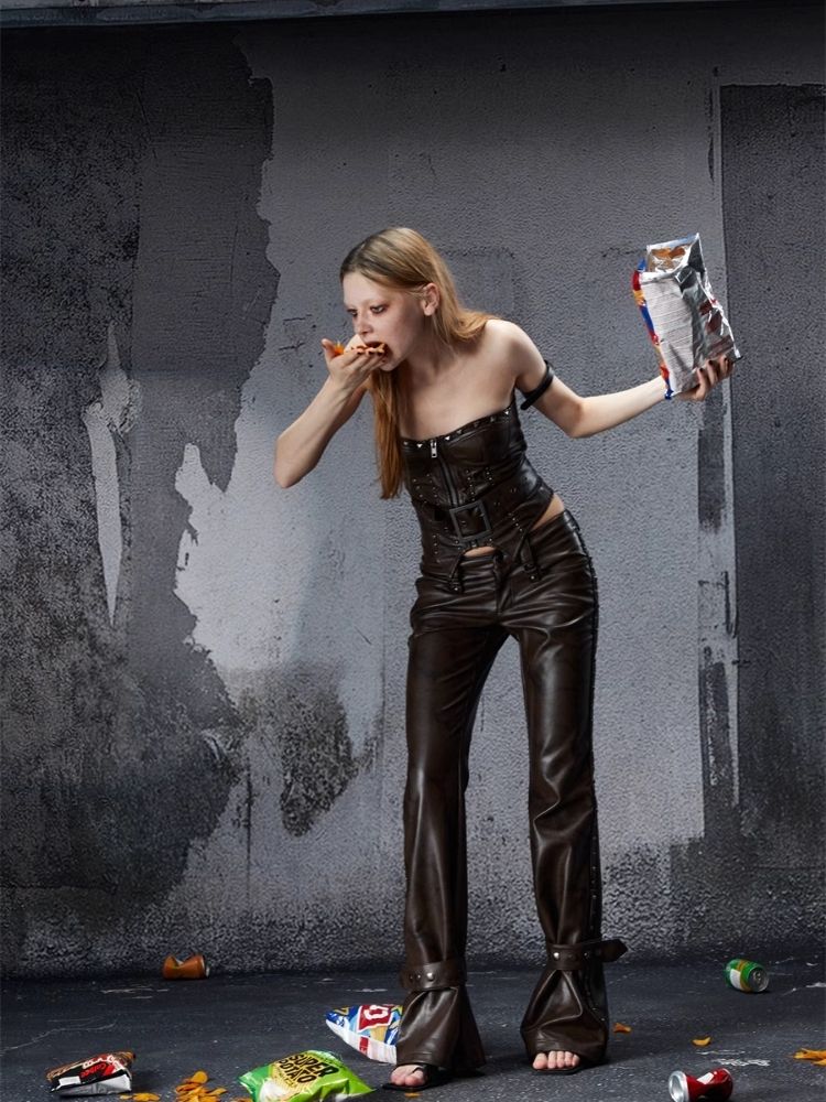 Zipper metal rivets leather bustier【s0000006696】