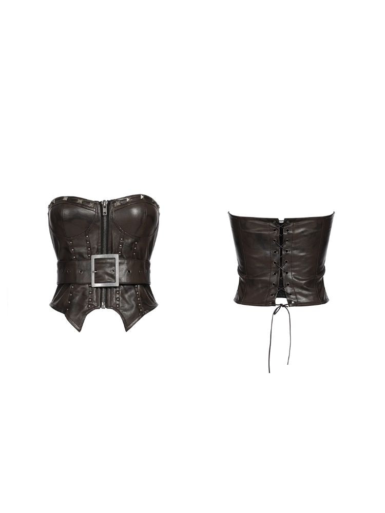 Zipper metal rivets leather bustier【s0000006696】