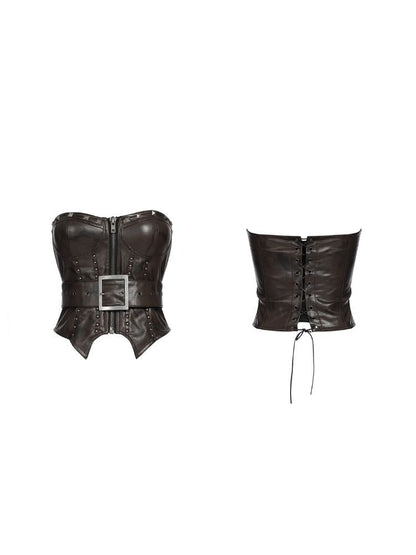 Zipper metal rivets leather bustier【s0000006696】