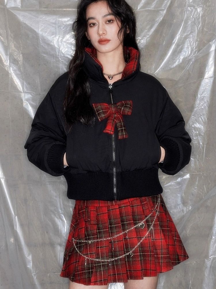 Red plaid two sides wear short cotton jacket 【s0000005633】