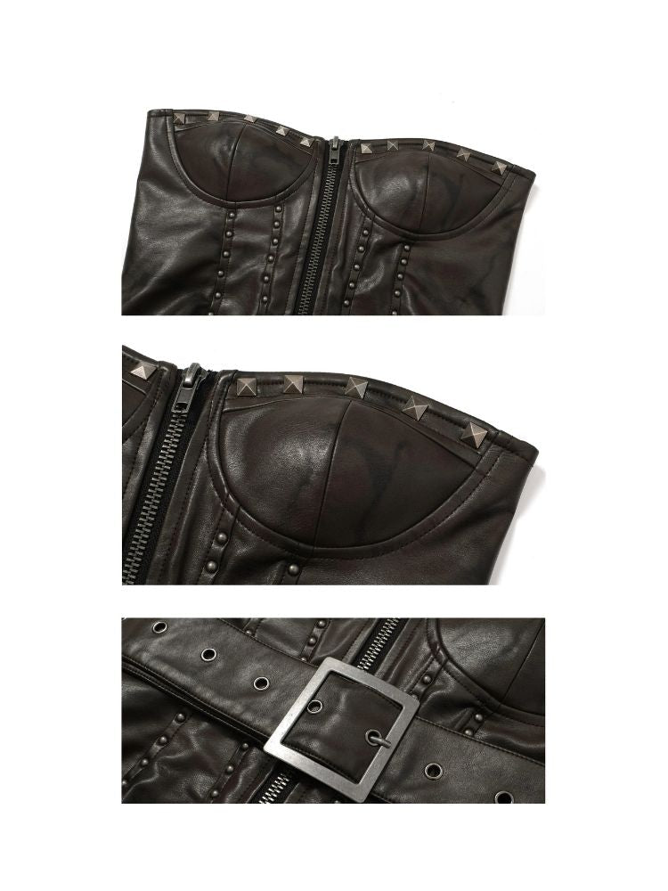 Zipper metal rivets leather bustier【s0000006696】